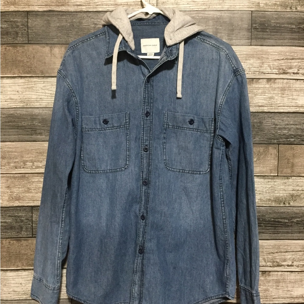 American Eagle Denim Shirt Hoodie Men’s S Blue Button Up Detachable Hood - Picture 4 of 9